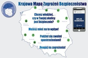 Grafika. Kontur mapy Polski z napisem Krajowa Mapa Zagrożeń Bezpieczeństwa