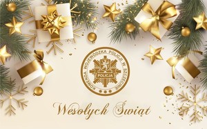 Grafika. Świąteczna kartka zachowana w biało złotej tonacji kolorystycznej. W centralnym miejscu logo KWP w Szczecinie. dookoła akcenty świąteczne, gałązki świerku, bombki