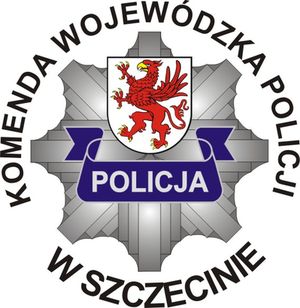 Grafika. Policyjna gwiazda z wpisanym herbem Szczecina. Wokół napis Komenda Wojewódzka Policji w Szczecinie